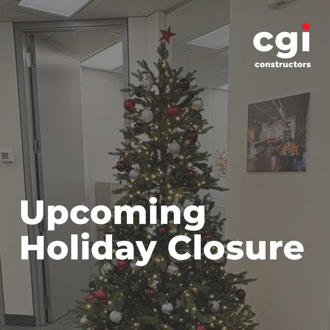Holiday Closure Notice 🎄
CGI offices will be closing at noon on December 24 and will reopen on January 5. Wishing everyone a safe and happy holiday season!

#CGIConstructors #Holiday #OfficeClosure