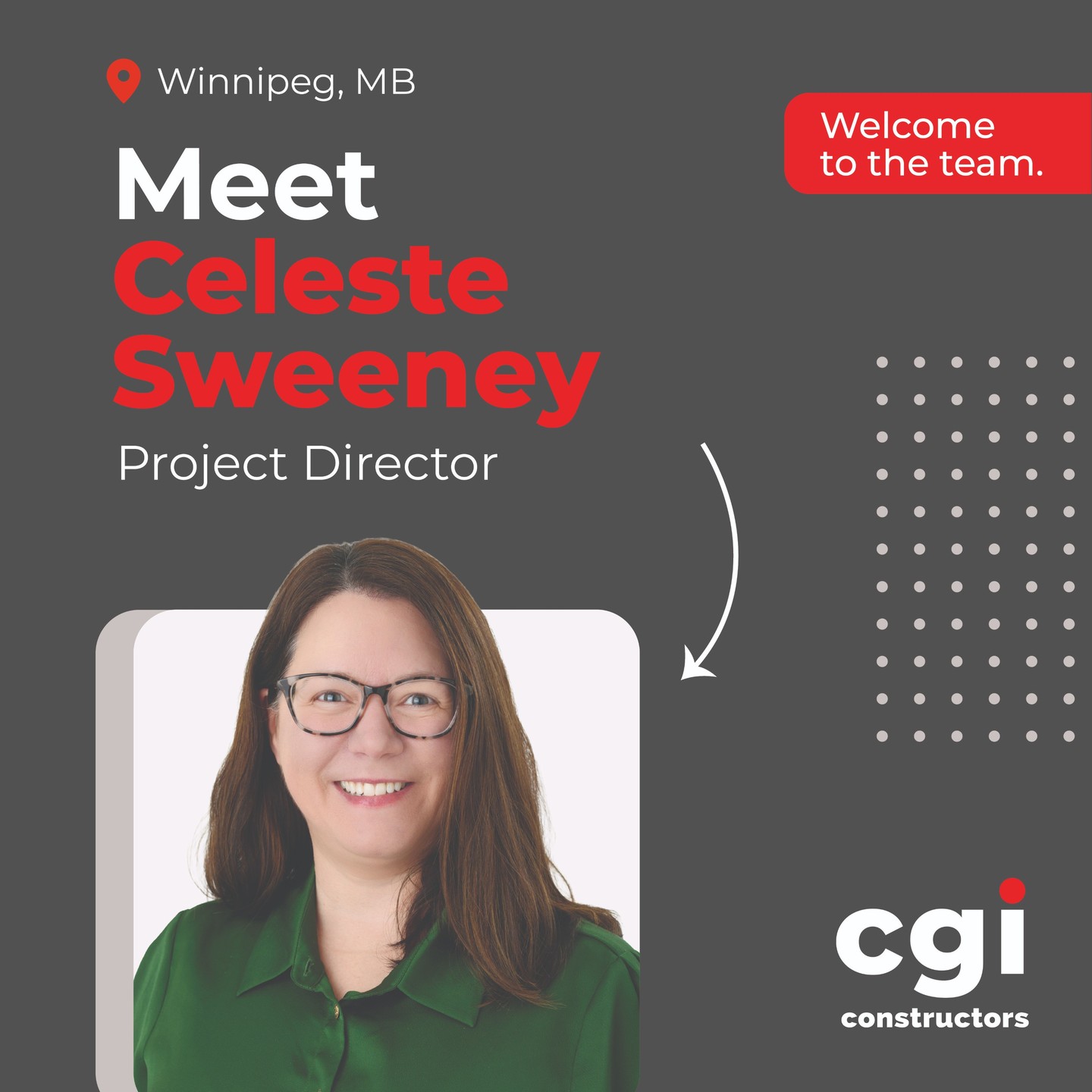 A big welcome to our newest Project Director, Celeste Sweeney, for joining our Winnipeg office! We’re excited to have you on the team and look forward to the leadership and expertise you bring!

#CGIConstructors #WelcomeAboard #NewTeamMember